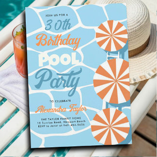 Pool Party Summer Blue Orange Umbrellas Geburtstag Einladung