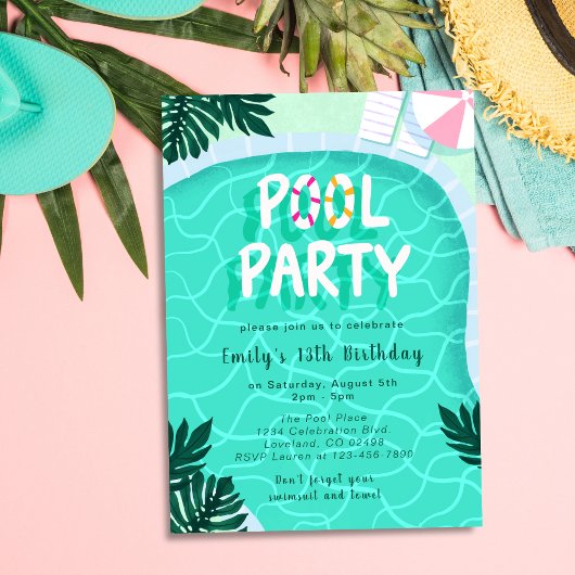Pool Party Summer Modern Tropical Trendy Geburtsta Einladung
