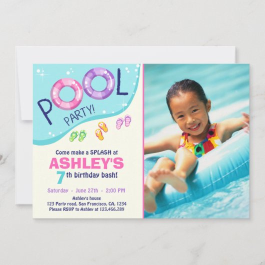 Pool Party Summer Pink Girl Birthday Invitation Einladung (Vorderseite)