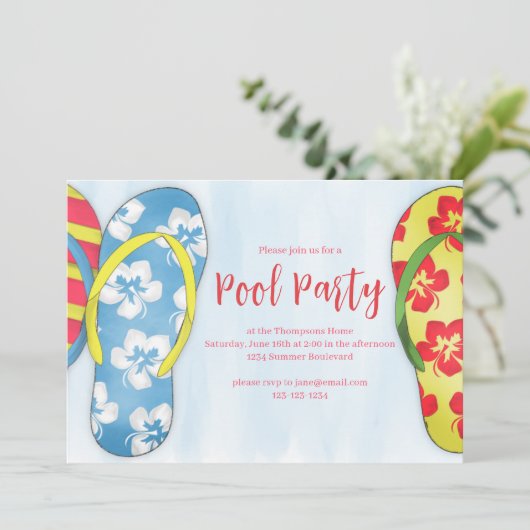 Pool Party Summer Tropical Beach Flip Flops Einladung (Stehend Vorderseite)