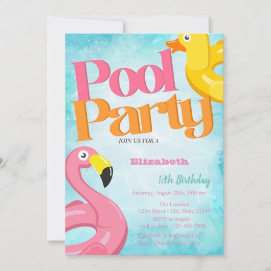 Pool Party Toys Flamingos Geburtstag Einladung (Vorderseite)
