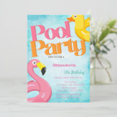 Pool Party Toys Flamingos Geburtstag Einladung (Stehend Vorderseite)