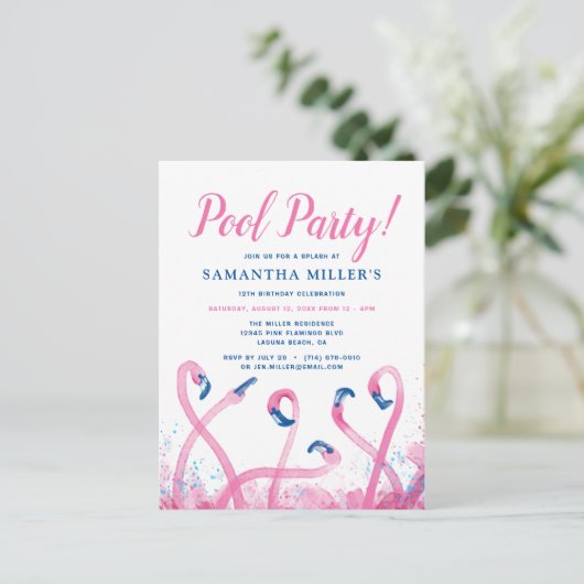 Pool-Party | Tropical Blue Pink Flamingo Geburtsta Postkarte (Stehend Vorderseite)