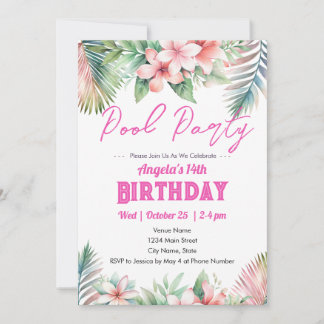 Pool Party Tropical Girly Teen Geburtstagseinladun Einladung