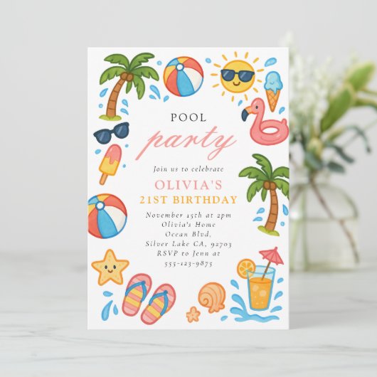 Pool Party Tropical Summer Birthday Party Einladung (Stehend Vorderseite)