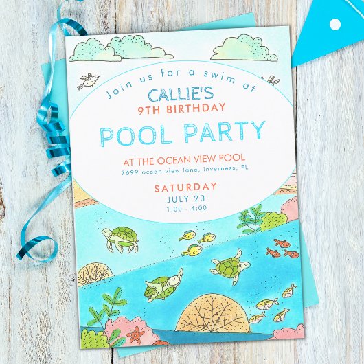 Pool Party Turtles Sommer Geburtstag Einladung