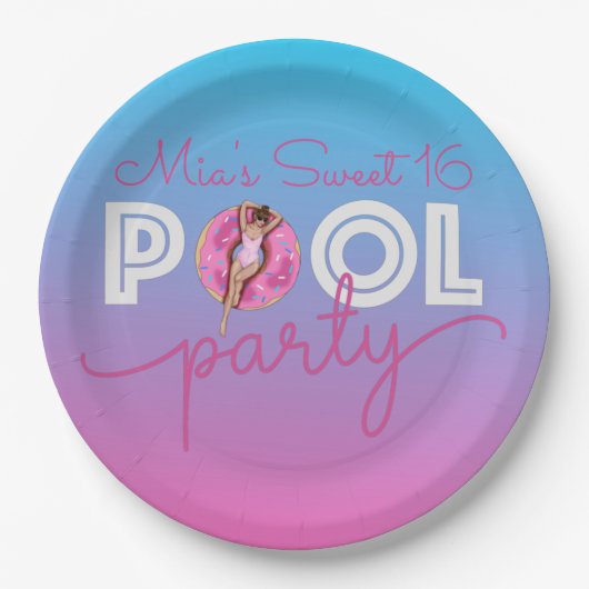 Pool Party Wasserfarbe Ombre Donut Float Sweet 16 Pappteller (Vorderseite)