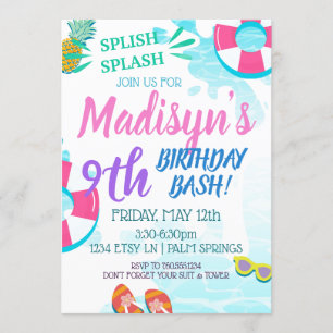 Pool-PartyWatercolor Splish Spritzen-Geburtstag Einladung