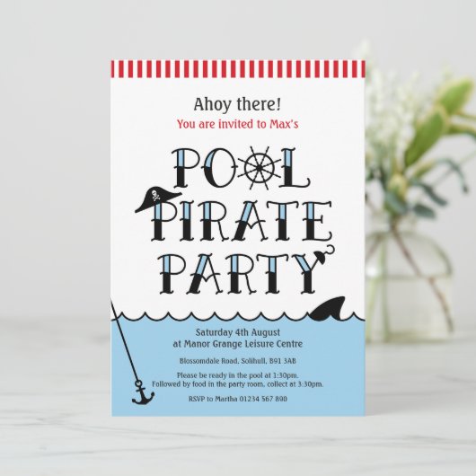 Pool Pirate Party Birthday Einladung (Stehend Vorderseite)