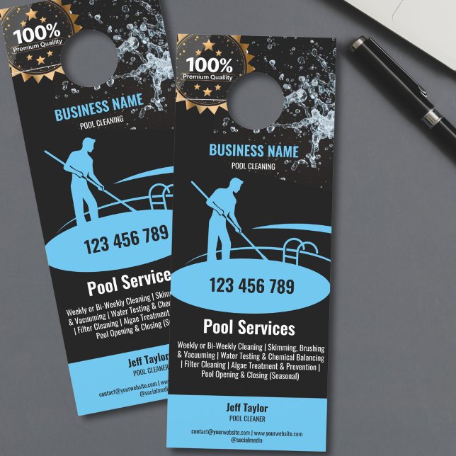 Pool-Reinigungsdienste Pool-Wartung und -Reparatur Türanhänger (blue pool guy cleaning swimming pool, black background, door hanger flyer)