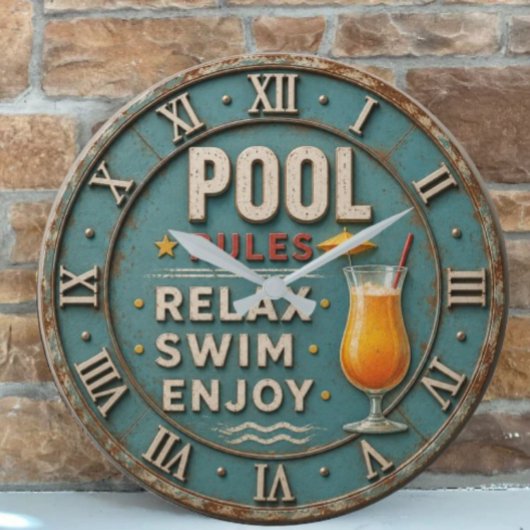 Pool Rules Swimming Decor Große Wanduhr