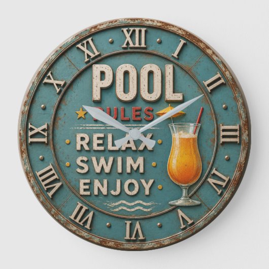 Pool Rules Swimming Decor Große Wanduhr (Vorderseite)