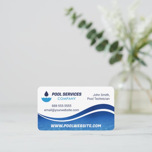 Pool Services | Blaue Wasserwelle | Schwimmbad Visitenkarte (Stehend Vorderseite)