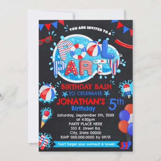 Pool Summer Birthday Bash Red White Blue Party Einladung (Vorderseite)