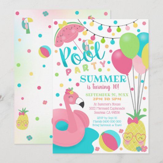 Poolparty-Einladung Mädchen Flamingo Float Pool Einladung (Vorne/Hinten)