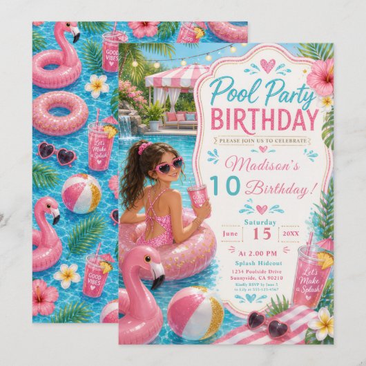 Poolparty-Geburtstag Einladung (Vorne/Hinten)