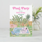 Poolparty-Geburtstagseinladung Pink Einladung (Stehend Vorderseite)