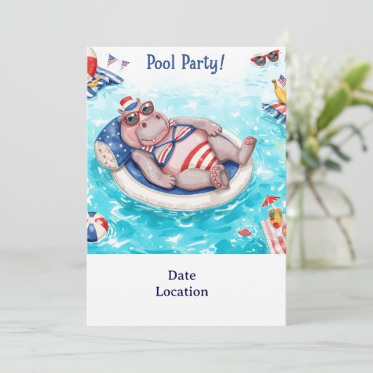 Poolparty mit Nilpferd Einladung (Stehend Vorderseite)