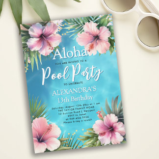 Poolparty Moderne Tropische Hibiskus-Teenager-Gebu Einladung