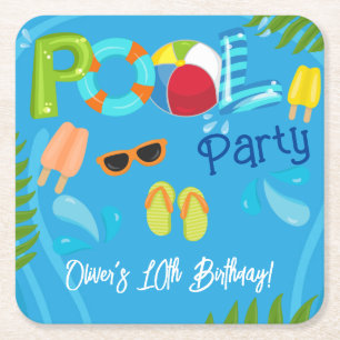 Poolparty Sommer Jungen Geburtstagsfeier Rechteckiger Pappuntersetzer