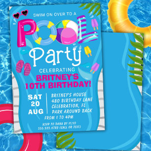 Poolparty-Sommer-Mädchen-Geburtstagsfeier-Einladun Einladung