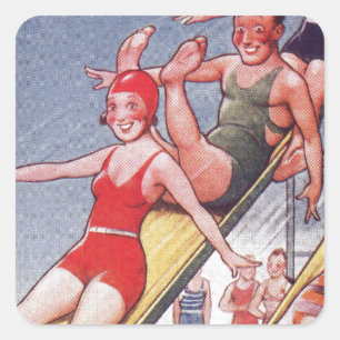Poolparty Vintage Schwimmen Sommer Quadratischer Aufkleber