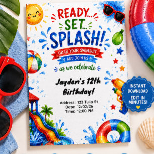 Poolparty-Wasserrutsche-Geburtstagseinladung für K Einladung