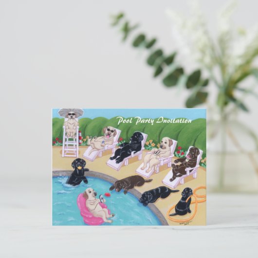 Poolside Party Labradors Malerei Einladungspostkarte (Stehend Vorderseite)