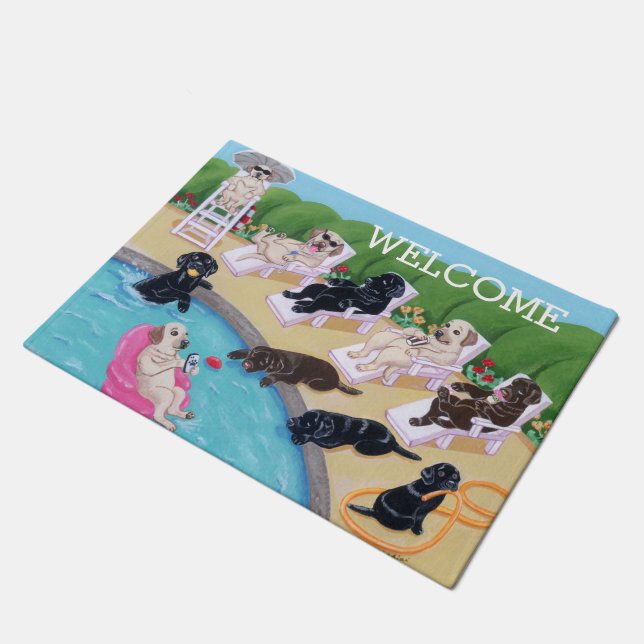 Poolside-Party Labradors Malerei-Fußmatte Fußmatte (Schrägansicht)