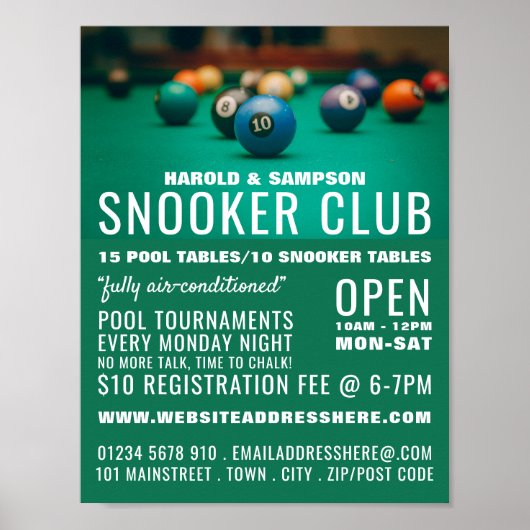 Pooltisch, Pool Club, Snooker Club Werbung Poster (Vorne)