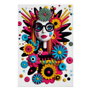 Pop 3D Art Portrait - Farbenfrohe Abstrakte Frau m Poster