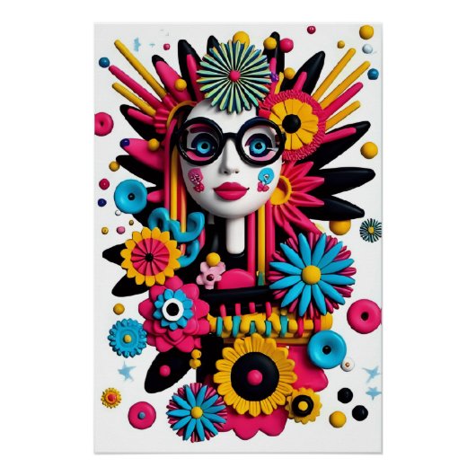 Pop 3D Art Portrait - Farbenfrohe Abstrakte Frau m Poster (Vorderseite)