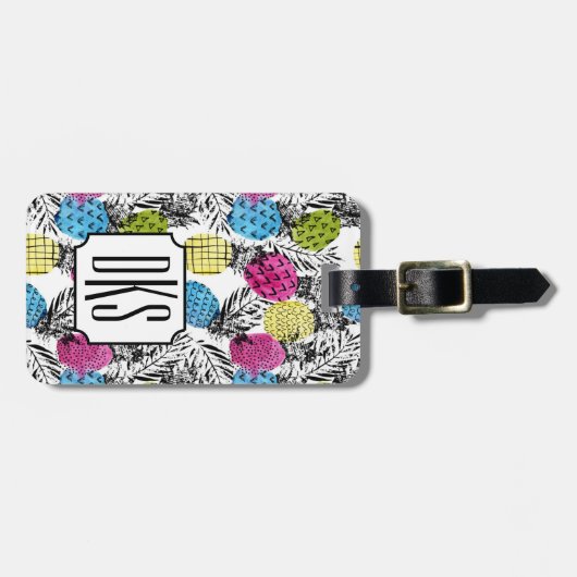 Pop Art Ananas und Palmen Blätter| Monogramm Gepäckanhänger (Vorderseite horizontal)