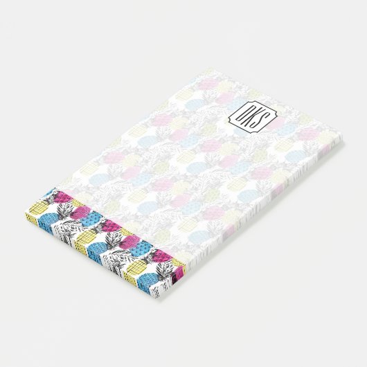 Pop Art Ananas und Palmen Blätter| Monogramm Post-it Klebezettel (angewinkelt)