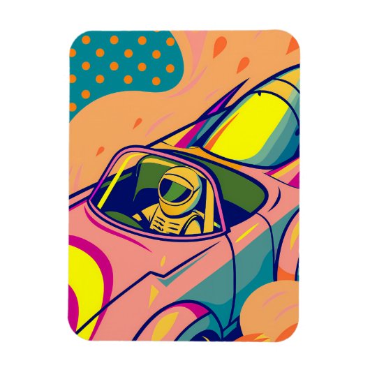 Pop Art Astronaut Driving Rocket Car Magnet (Vertikal)