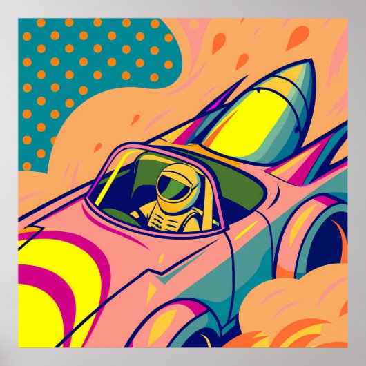 Pop Art Astronaut Driving Rocket Car Poster (Vorne)