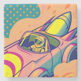 Pop Art Astronaut Driving Rocket Car Steinuntersetzer