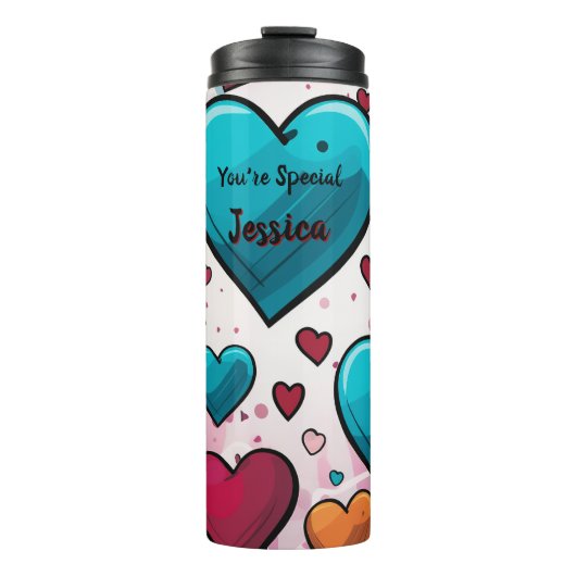 Pop Art Blue Red Hearts Multiprint Socken Thermosbecher (Vorderseite)