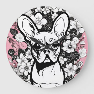 Pop Art Blume und Bulldog Große Wanduhr