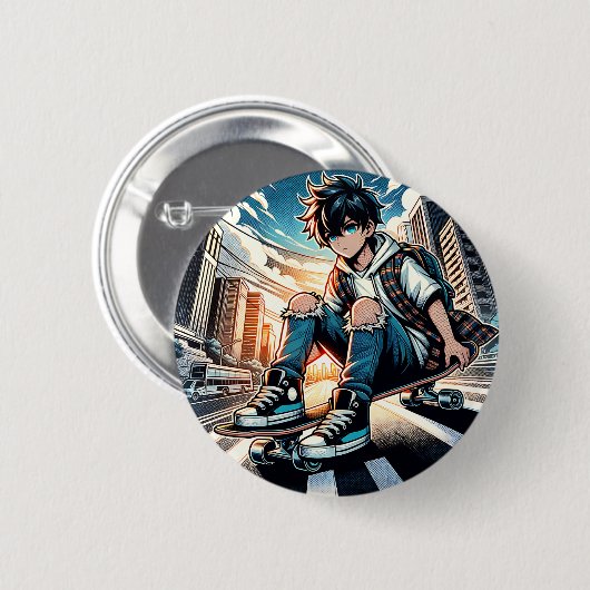 Pop Art Boy auf Skateboard in City Button (Vorne & Hinten)