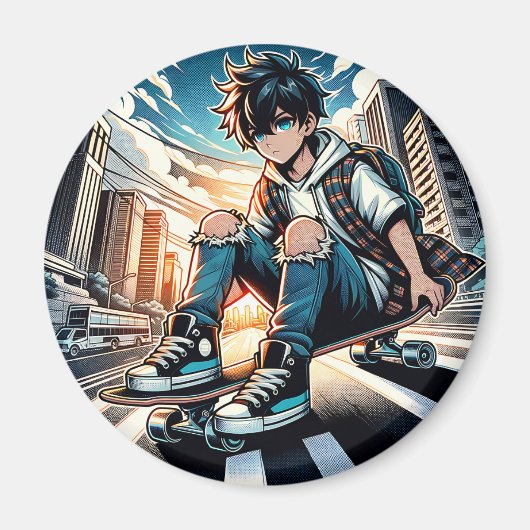 Pop Art Boy auf Skateboard in City Magnet (Vorne)