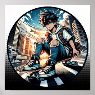 Pop Art Boy auf Skateboard in City Poster