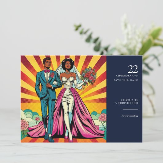 Pop Art Bridge & Groom Save The Date (Stehend Vorderseite)