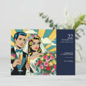 Pop Art Bridge & Groom Save The Date (Stehend Vorderseite)