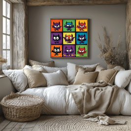 Pop Art Cartoon Bat Grid Halloween Art Poster