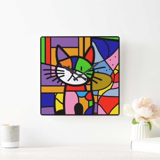 Pop Art Cat Design Vibranful and Coulourful Quadratische Wanduhr (Zuhause)