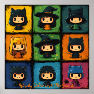 Pop-Art-Chibi-Hexen-Raster Süße Halloween-Wandkuns Poster