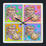 Pop Art Chocolate Chip COOKIES WALL CLOCK Quadratische Wanduhr<br><div class="desc">Eine zeitgenössische,  inspirierte Pop-Grafik mit einem Stapel Chocolate Chip COOKIES mit regenbogenfarbenen Chips vor einem Hintergrund farbenfroher Polka Punkte auf einem lustigen WALL CLOCK.</div>