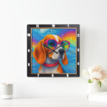 Pop Art Collection Quadratische Wanduhr<br><div class="desc">Diese lebendige Wanduhr zeigt eine künstlerische Illustration eines Hundes,  der coole,  farbenfrohe Sonnenbrillen in einem beeindruckenden Pop-Kunststil ausstrahlt. Sein kühnes Design und die fröhlichen Farbtöne machen es zu einem funky und einzigartigen Dekorationsstück,  das jedem modernen Wohnbereich eine Touch von Launen und Persönlichkeit verleiht oder Hundeliebhabern ein reizvolles Geschenk macht.</div>