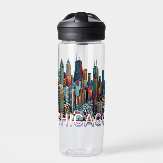 Pop Art Comic Book Chicago Skyline Personalisiert Trinkflasche (Vorderseite)